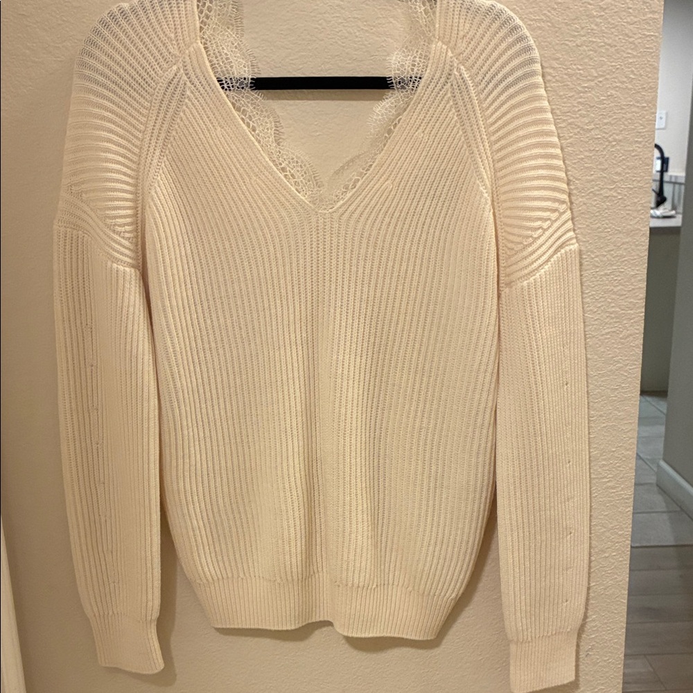 NWT Maje Cream V-Neck Sweater with Lace Detail - Picture 2 of 8